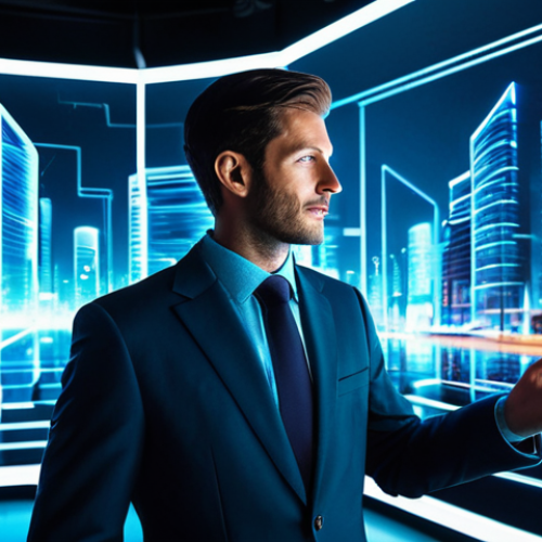 A professional individual in a modest, modern business suit interacting with a complex holographic display in a vibrant, futuristic digital city environment. The scene is illuminated by ethereal glowing data streams, showcasing creativity and self-expression. Fully clothed, appropriate attire, safe for work, family-friendly, perfect anatomy, natural proportions, well-formed hands, professional photography, high quality.