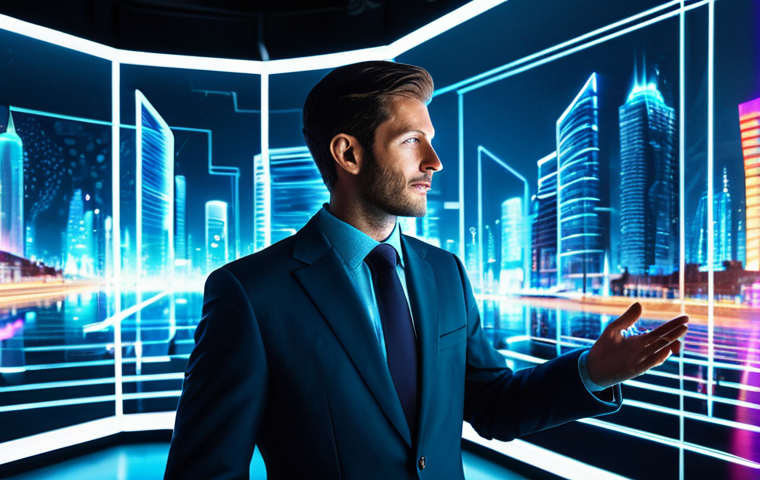 A professional individual in a modest, modern business suit interacting with a complex holographic display in a vibrant, futuristic digital city environment. The scene is illuminated by ethereal glowing data streams, showcasing creativity and self-expression. Fully clothed, appropriate attire, safe for work, family-friendly, perfect anatomy, natural proportions, well-formed hands, professional photography, high quality.
