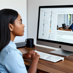 A professional, diverse individual, seated at a sleek desk in a modern, well-lit home office, thoughtfully curating their online presence on a large monitor. The individual is in a natural pose, wearing professional, modest business casual attire. Subtle elements of social media interfaces are visible on the screen, indicating deliberate self-presentation and digital curation. The lighting is soft and natural, emphasizing focus and confidence. Perfect anatomy, correct proportions, well-formed hands, proper finger count, natural body proportions. High-quality digital photography, sharp focus, clean composition, safe for work, appropriate content, fully clothed, professional.