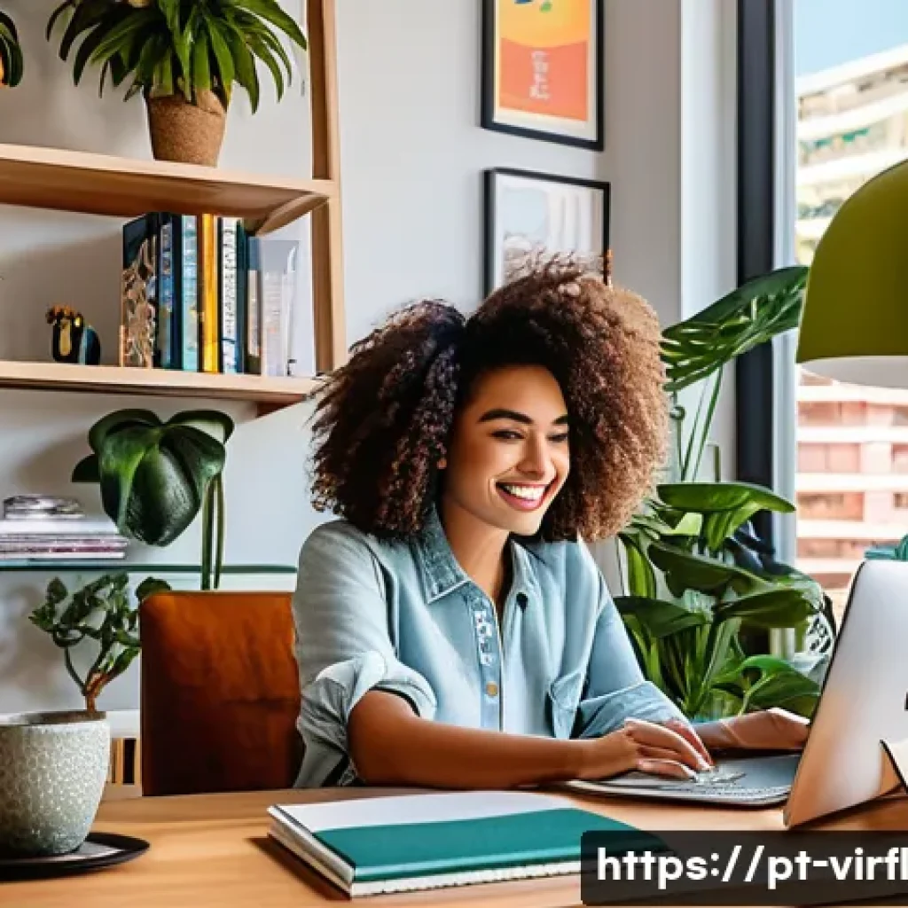 인플루언서의 가상 정체성 구축 비법 - A vibrant and cozy home office setup in a modern São Paulo apartment, featuring a young Brazilian in...