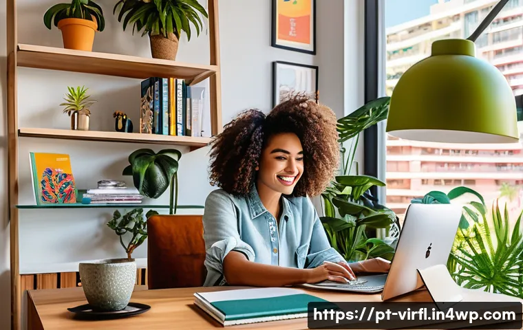 인플루언서의 가상 정체성 구축 비법 - A vibrant and cozy home office setup in a modern São Paulo apartment, featuring a young Brazilian in...