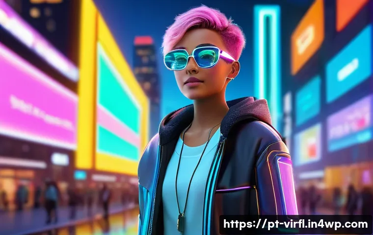가상 정체성을 통한 창조적 자기 표현 방법 - A confident digital avatar standing in a futuristic virtual cityscape, wearing stylish casual clothi...