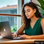 Home 21 가상 정체성의 공공성과 개인성의 균형 - A professional young Brazilian woman sitting at a modern desk with a laptop and smartphone, thoughtf...