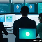 Home 18 가상 정체성과 고객 경험의 연관성 - A futuristic digital customer service environment showing a diverse group of users interacting with ...