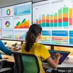 Home 23 가상 정체성 구축을 위한 고객 피드백 활용 - A modern Brazilian digital marketing office scene showing a diverse team analyzing colorful charts a...